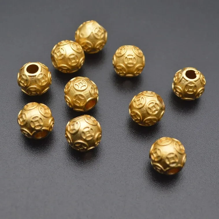 8mm 10mm 12mm Gold Plated Money Coin Lucy Metal Brass Round Beads for Jewelry Making