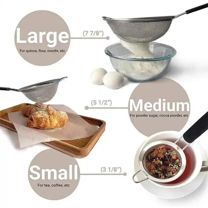 New Home Wire Sieve Sifter Set Of 3 Stainless Steel Colander Fine Mesh Strainers With Insulated Handle For Kitchen Gadgets Tools