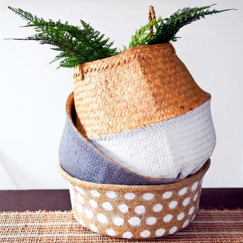 Hand laundry Seagrass Belly Storage Basket Seagrass Weaving Foldable Home Storage Bucket Toy Sundries Clothes Plants Basket