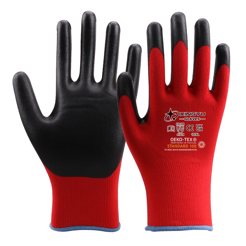 XINGYU Clever and seamless knitted red polyester black nitrile microbubble coated safety work gloves