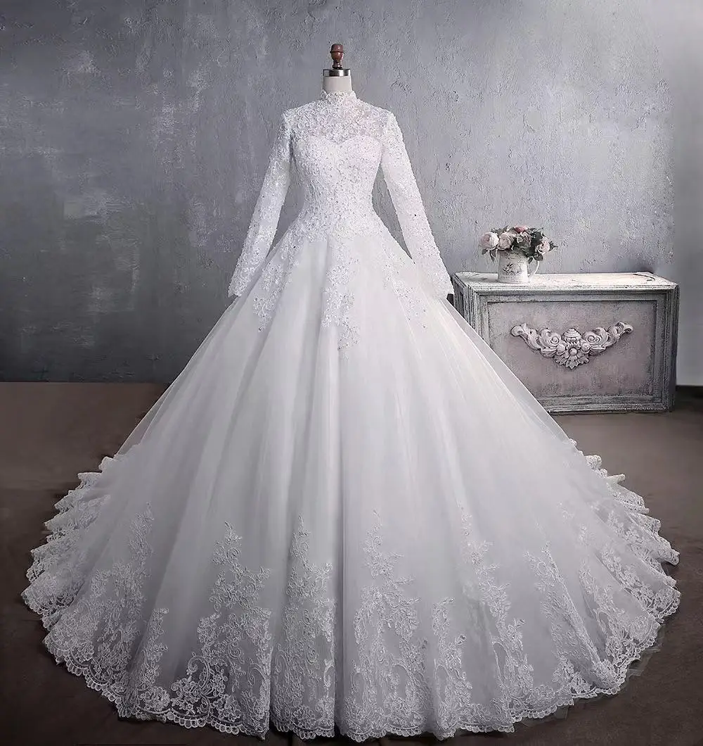 2021 newest style stand collar Muslim women wedding dress plus size lady bridal gown with