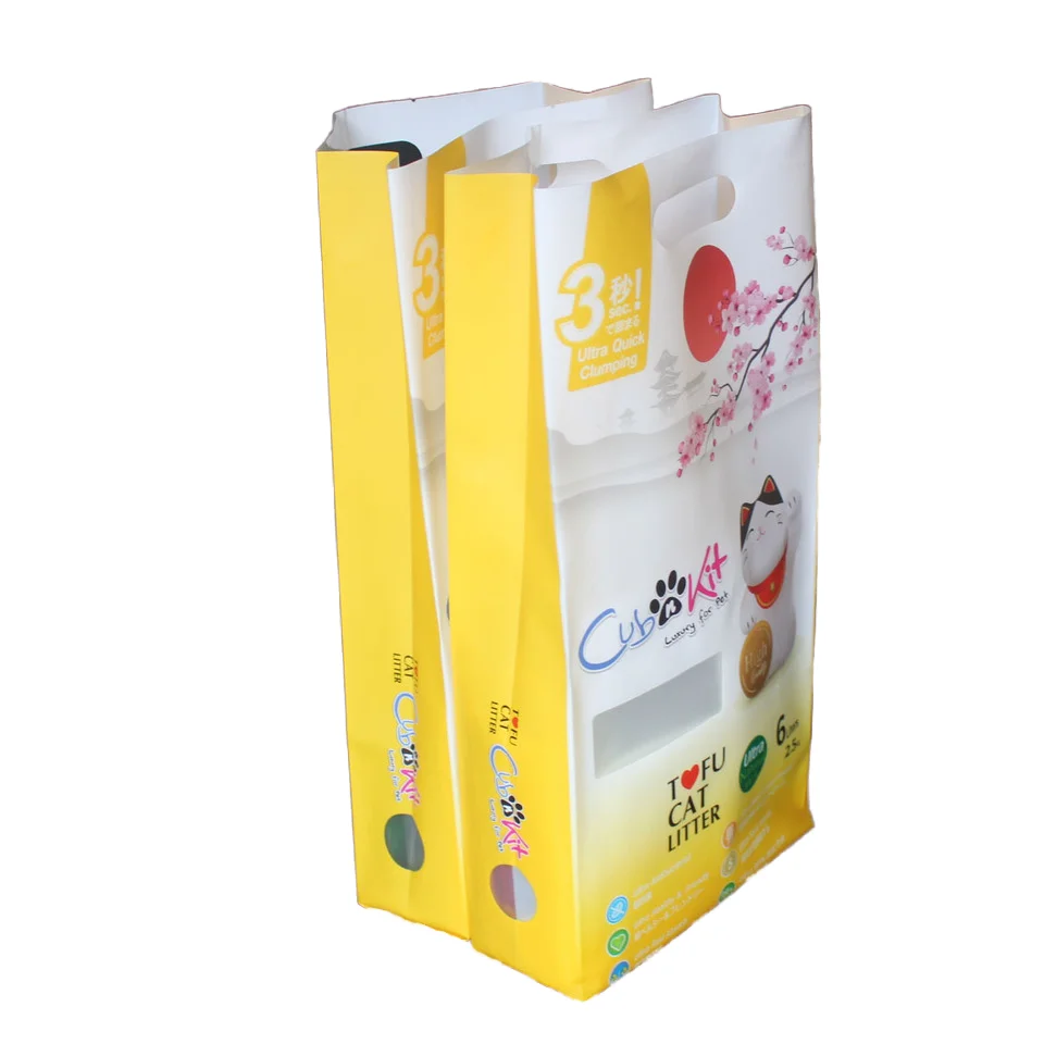 Custom print  5 L 7L  OEM/ODM  side gusset  stand up flat bottom tofu cat litter bag with handle