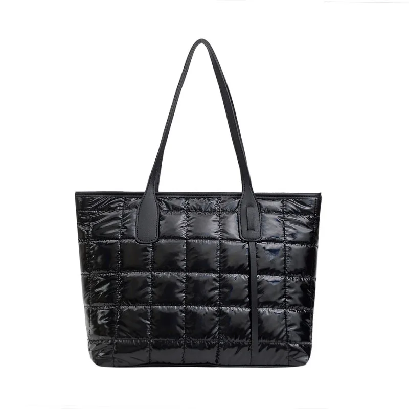 Wholesale Women Large Black Nylon Quilted Plaid Cloth Fashion Bags Tote Puffer Bag