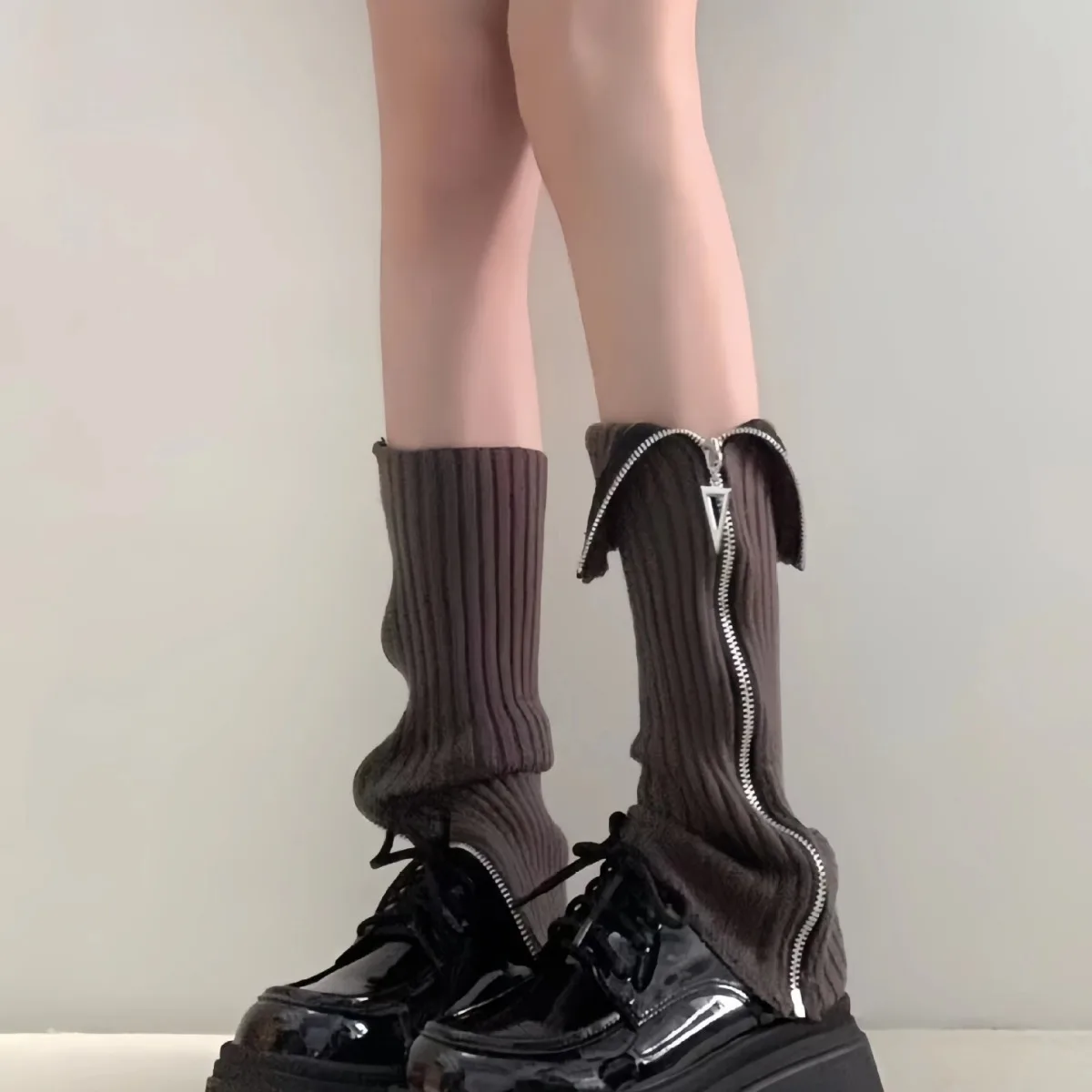 Punk Zipper Thigh Leg Warmers Women Girls Jk Knee High Legging Autumn Winter Boot Ankle Cuffs Stocking Lolita Tube Knit Socks