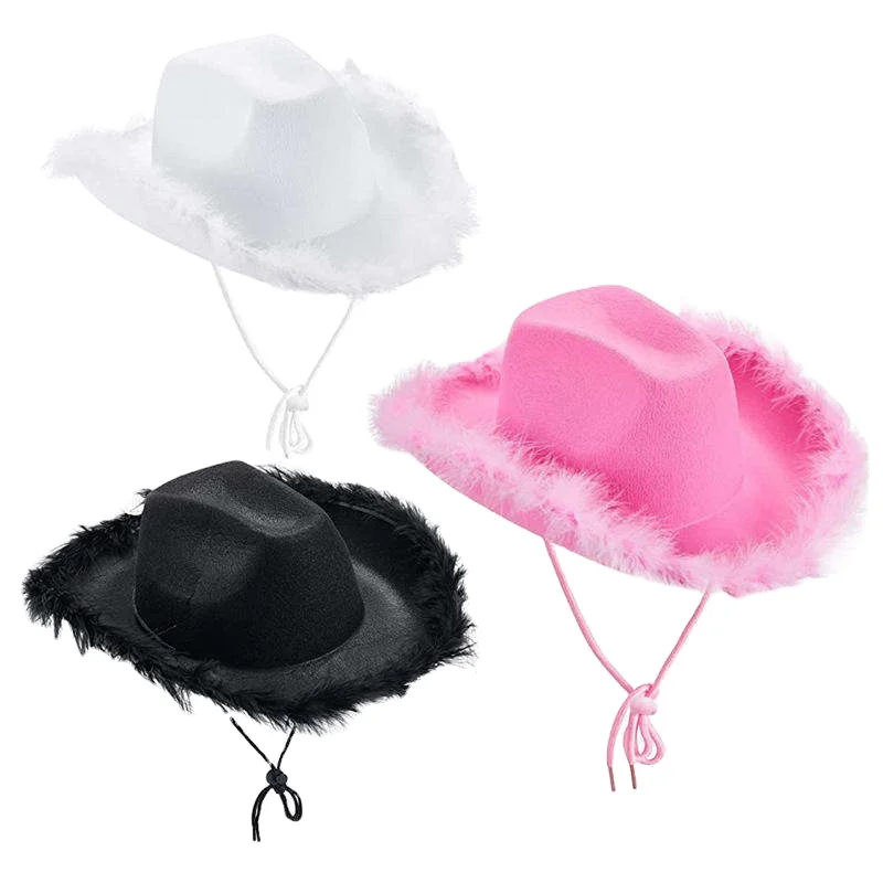 Новинка 2023 розовые шапки Cowgirl для женщин и девушек шляпа в западном стиле розовая ковбойская с перьями краями