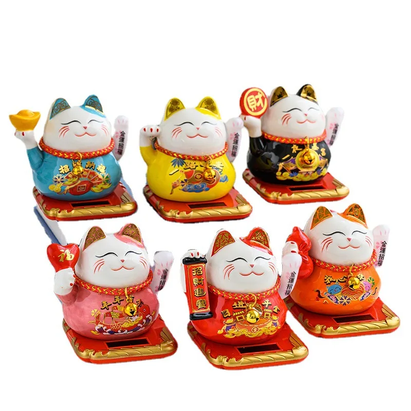 Ceramic Solar Energy Hand Shake Lucky Cat Animal Figurine Ceramic Craft Japanese Maneki Neko Fortune Cat With Waving Shaking Arm