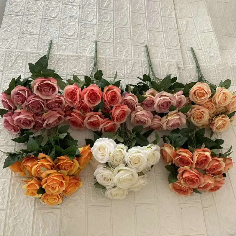 Factory Wholesale High Quality 10 Heads Rose Flower Bouquet Artificial Orange Rose Bouquet for Wedding Home Party Decoration