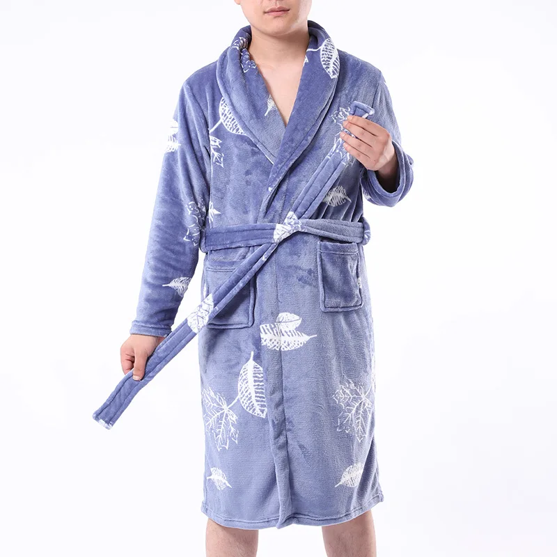 
high quality fashion white leaves printed drawstring flannel one piece sleepwear men luxury pajamas from china 