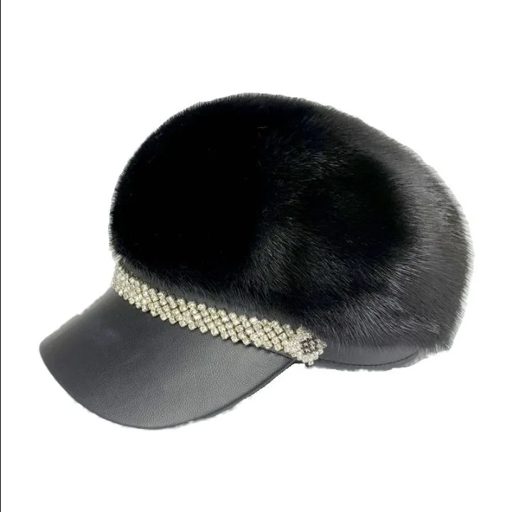 Custom baseball hat mink fur winter sheepskin leather warm ladies fashionable sports panel fluffy luxury fur hats for women
