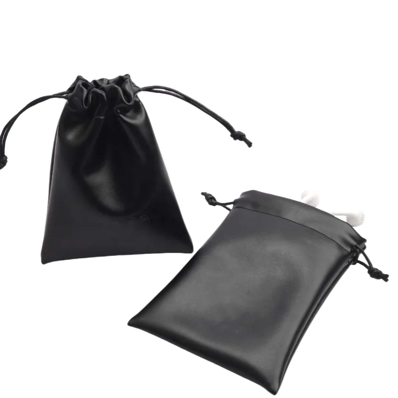 Custom Logo Waterproof Faux Pu Leather Pouch Bag Emboss Printed Jewelry Sunglasses Packing Pouch Drawstring Leather Bag