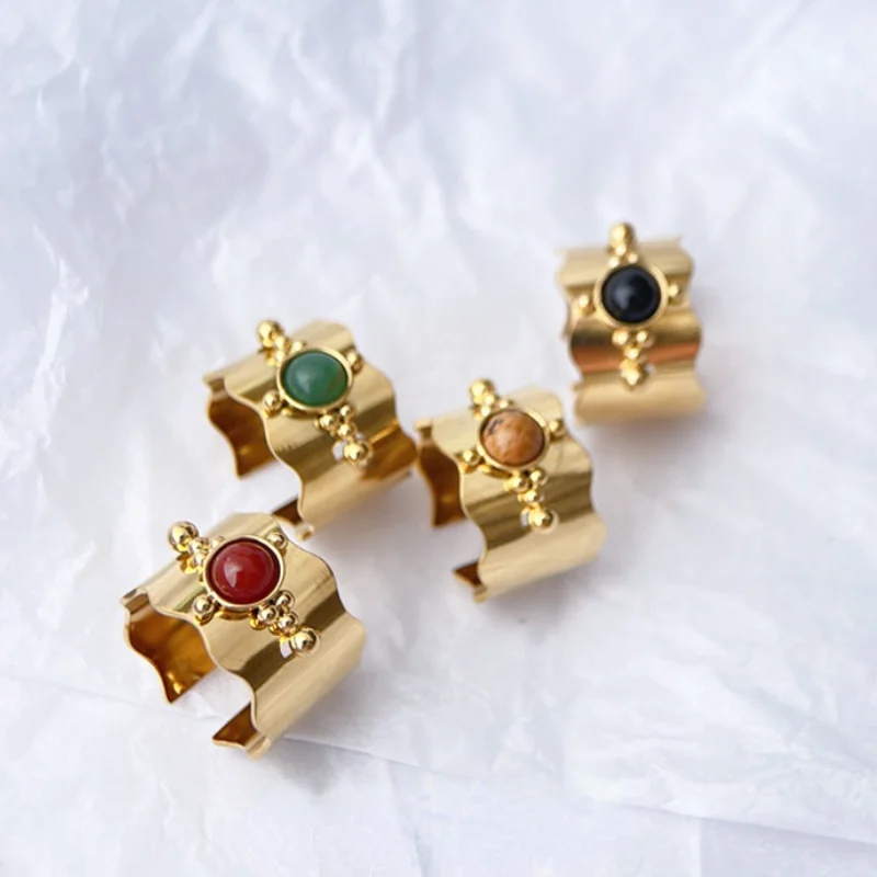 Ins Vintage Gold Plated Stainless Steel Red Agate Obsidian Inlaid Gem Adjustable Ring