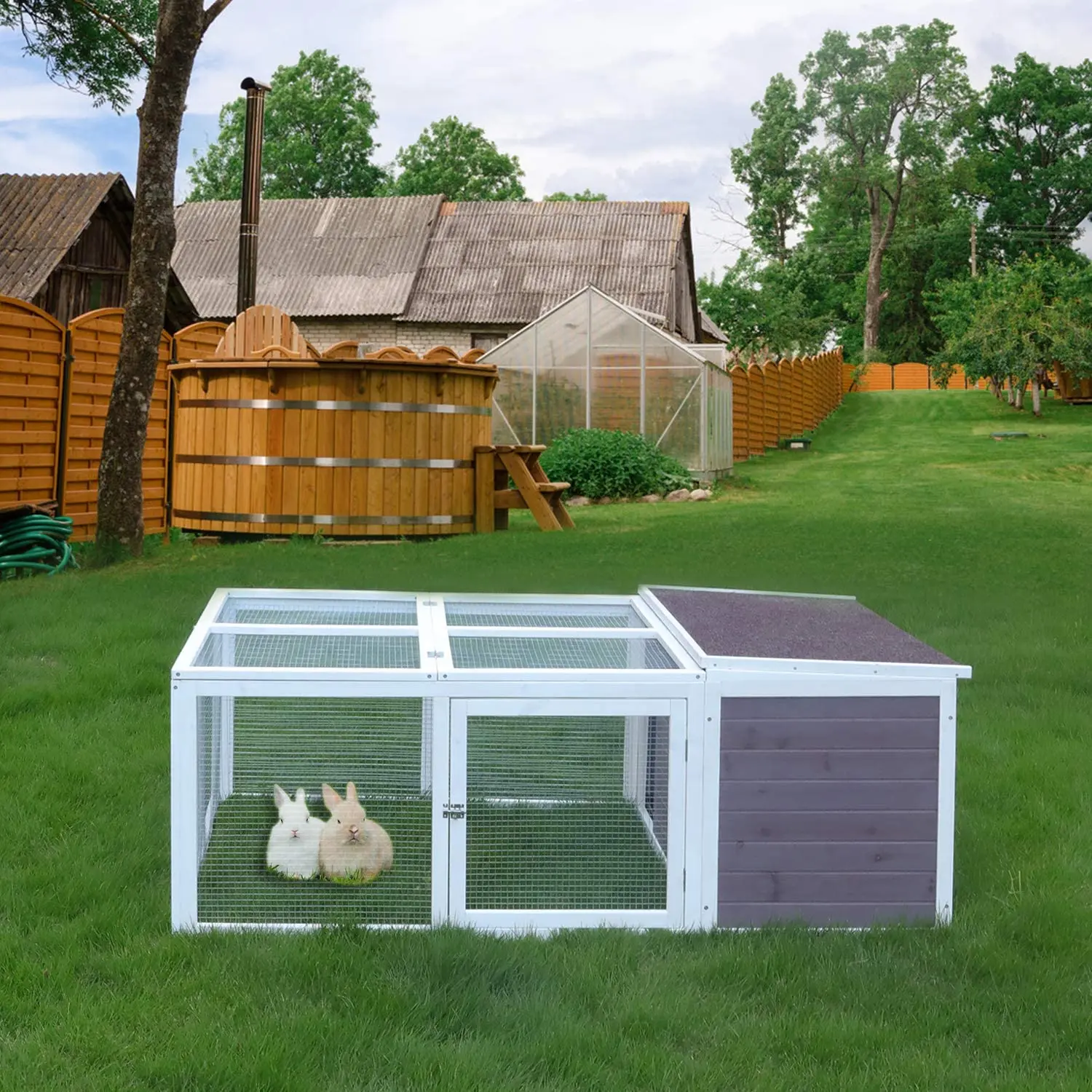 Outdoor Poultry Duck Cage Bunny Wood Rabbit Hutch House For Small Animals With Large Run