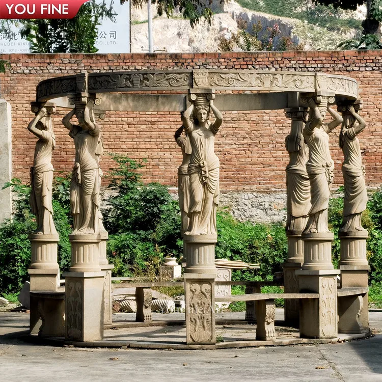 Outdoor Hand Carved Statue Pillars Garden Stone Gazebo