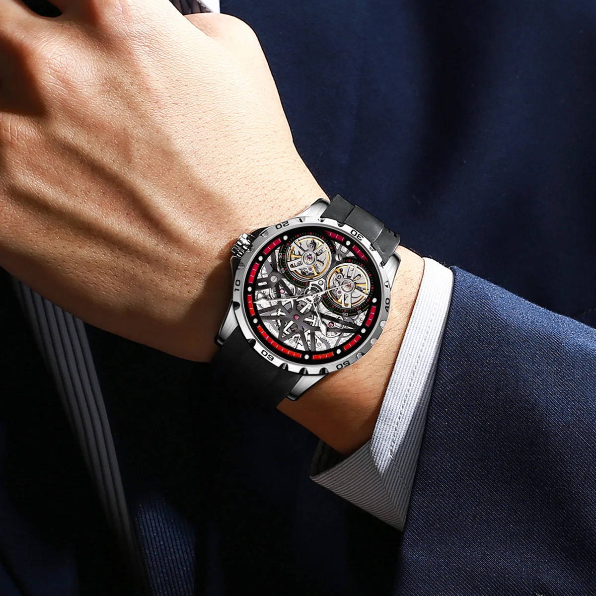 Корпус из нержавеющей стали OEM, роскошные мужские водонепроницаемые деловые автоматические часы с вырезами, часы премиум-класса с турбийоном