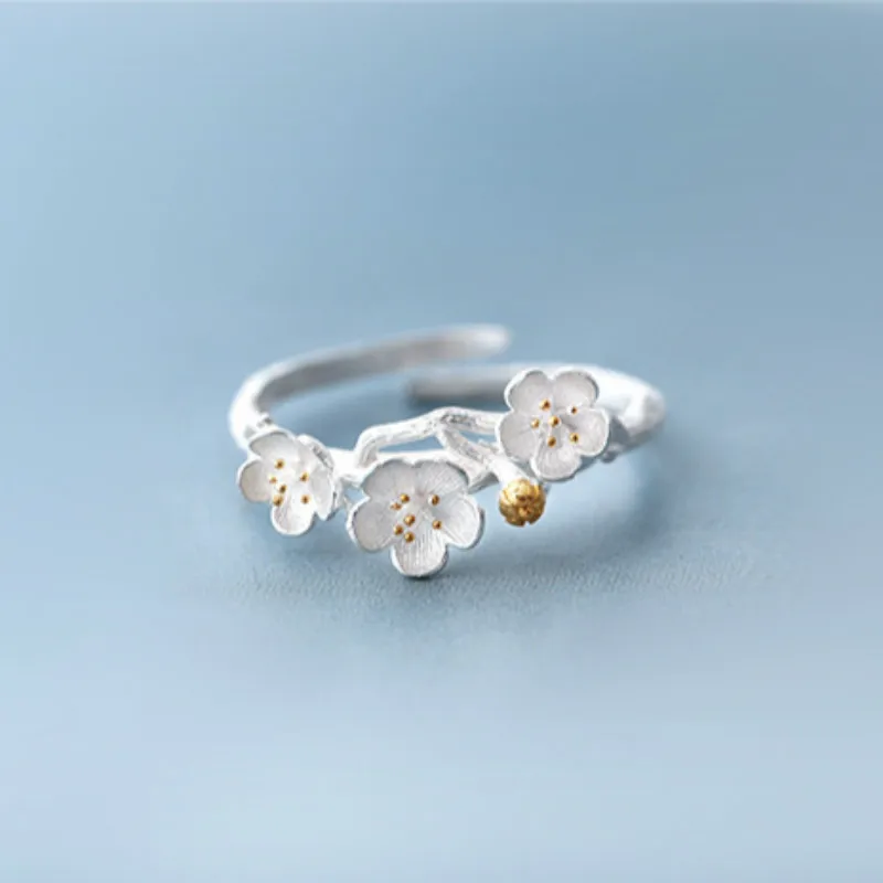 
Amazon Hot Sell 925 Sterling Silver Rings Lotus Plum Flower Handmade Rings For Woman 