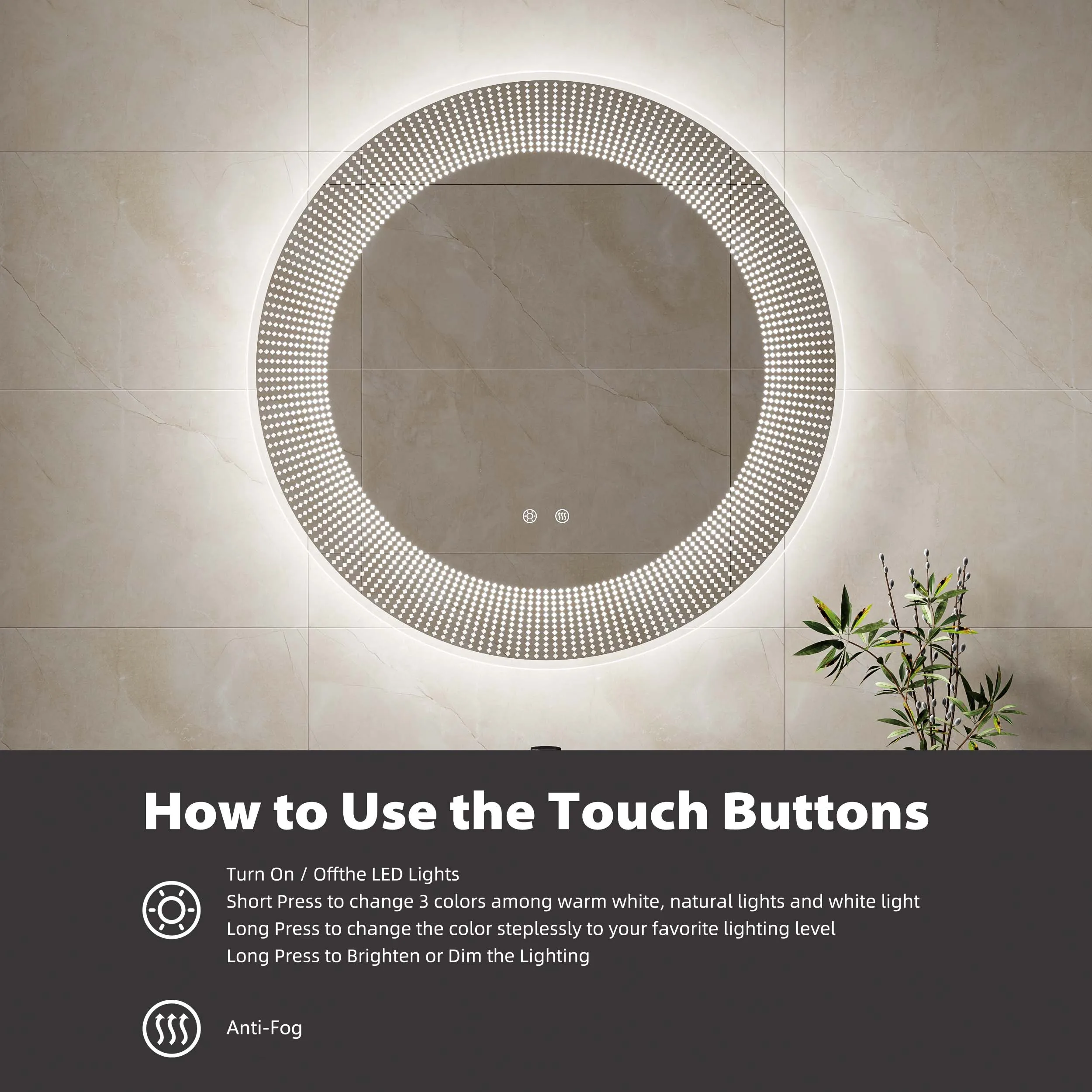 Vanity 60cm Wall Mounted Anti Fog Lighted Frameless With Lights Round 24 Inch Backlit Modern Led Round Mirror Bathroom