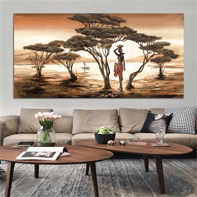 Home Decor Woman Classical Sunset Landscape Wall Prints  Posters Cuadros Pictures African Art Paintings Canvas