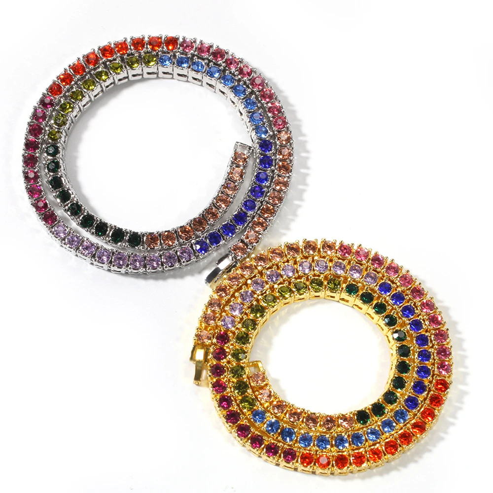 Hip Hop 4mm Alloy Color Diamond Single Row Necklace Punk Tennis Chain Necklace Jewelry