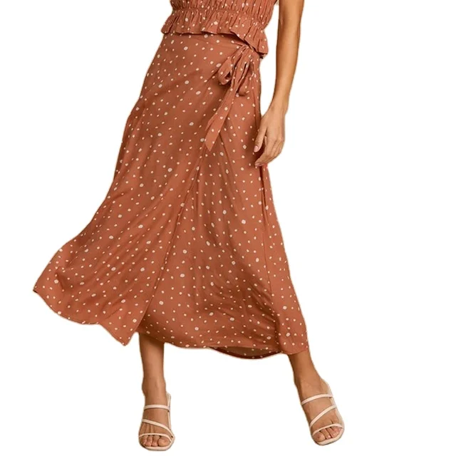 
2021 Summer Rust Red Polka Dot Midi Wrap Skirt For Women 