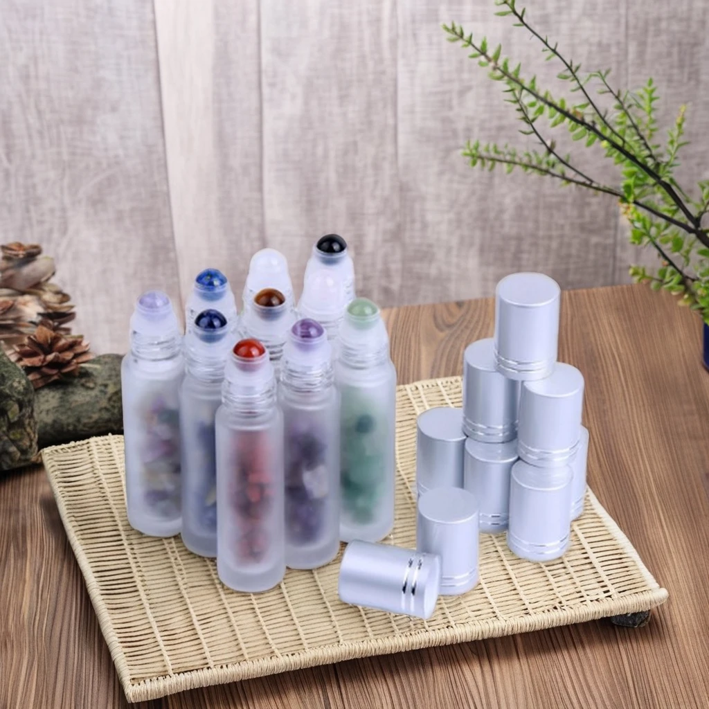 Rose Quartz Natural Gemstone 10ml round Glass Essential Oil Roller Bottle Crystal Healing Stones Colorful Cap and Roll