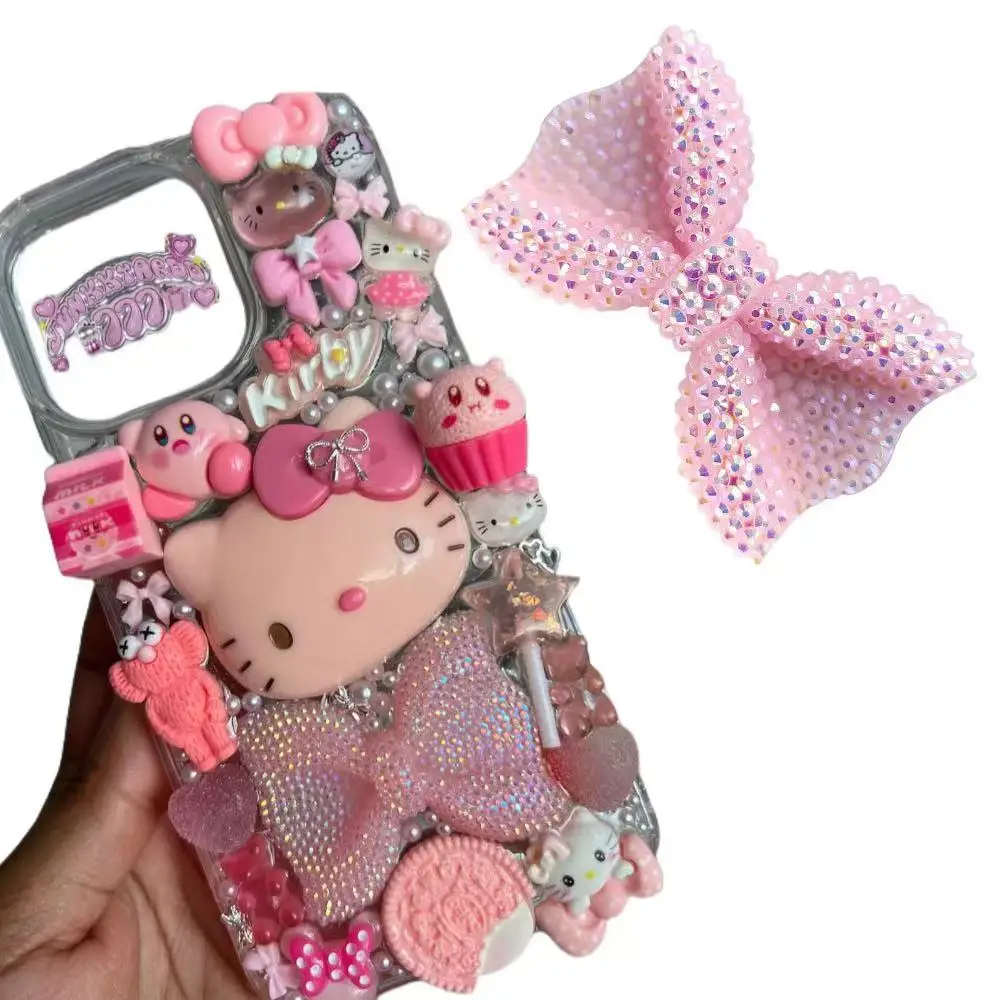 Kawaii Bling Pink Full Diamond Bow Tie Junk Phone Case Laptop Decoration Charm Accessories Flat Back Scrapbooking DIY Crafts