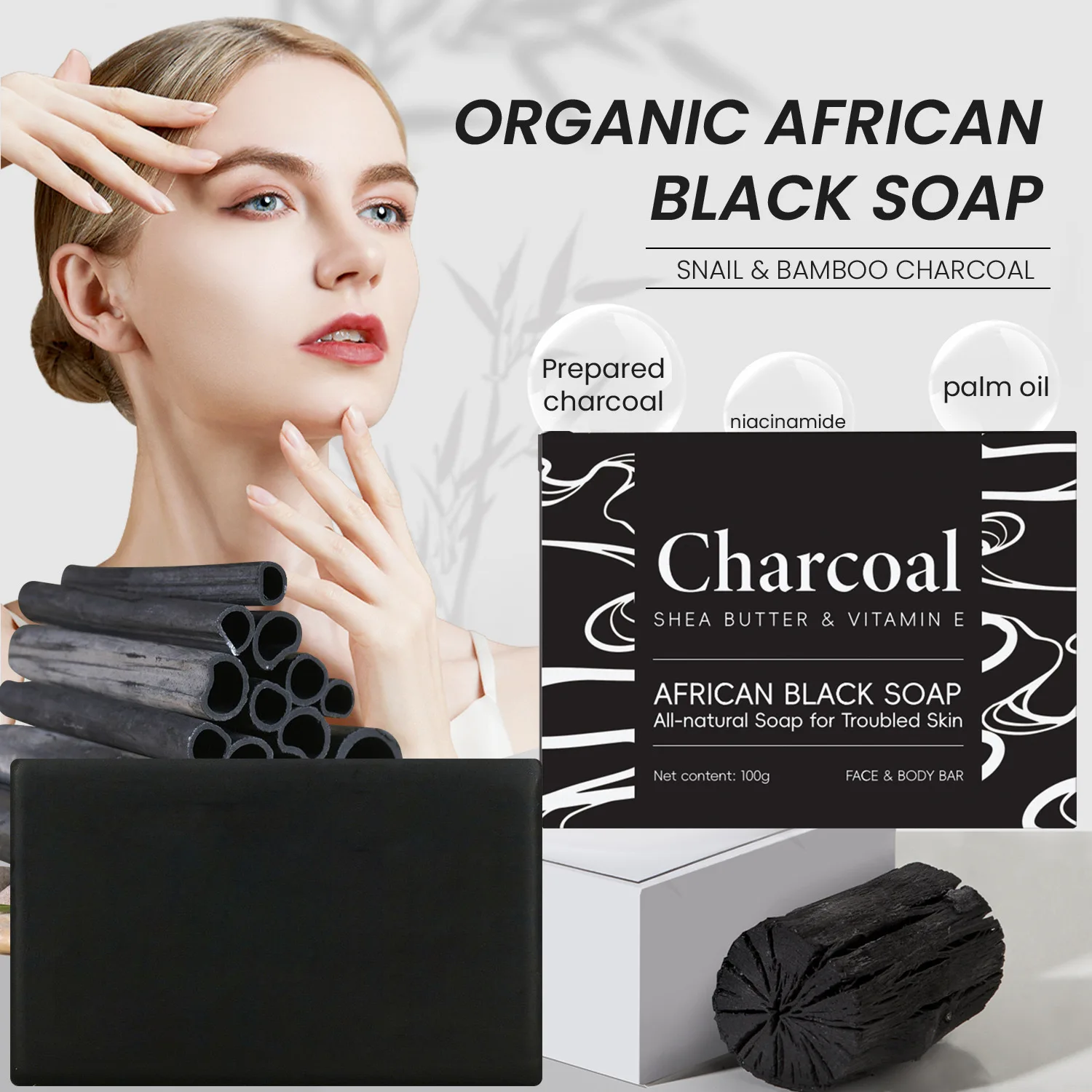Organic African Black Bath Soap Bamboo Charcoal Acne Blackhead Removal Soap Skin Cleaning Care Savon Charcoal Black Soap Bar