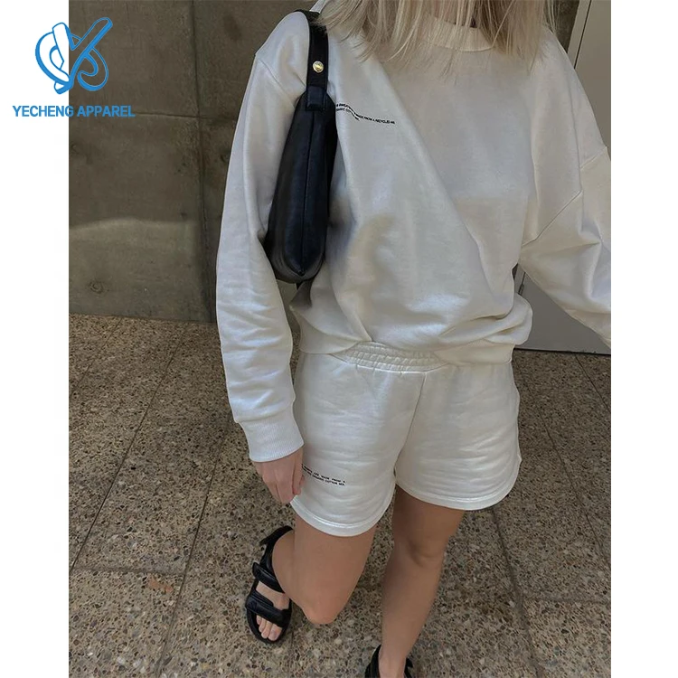 Wholesale Custom Logo 2 Pc Short Sets Crop Top Sweatshirt And Short Set Comfy Cotton Women Two Piece Short Sets