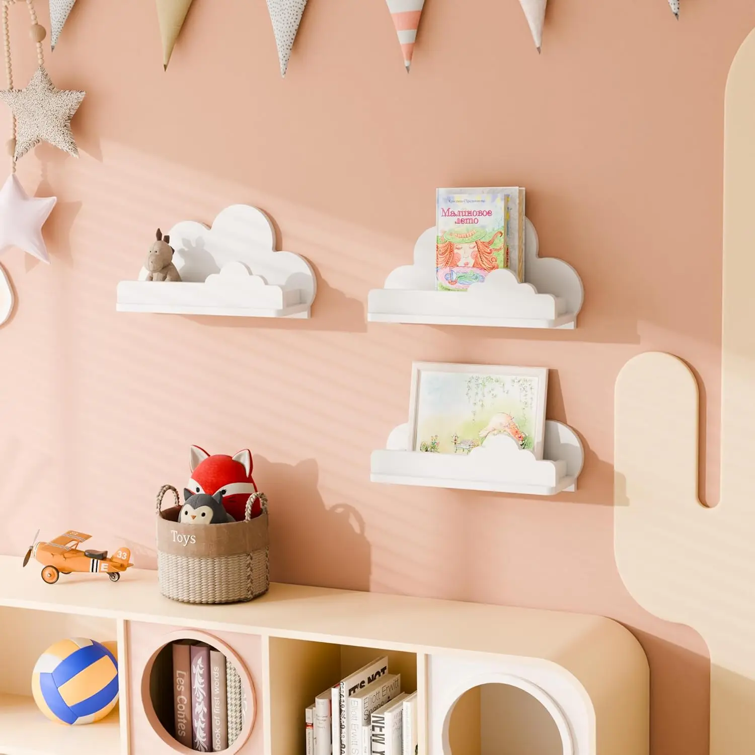 202407 Decorative Wooden White Cloud Bookshelf Wooden Floating Shelf Small Figure Wall Mounted Shelf