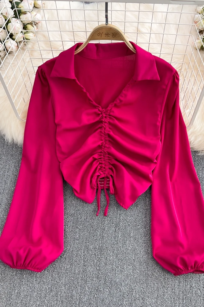 Wholesale 2022 Summer New Hot Girl Style Pure Desire Temperament V-neck Pullover Pleated Drawstring Long-sleeved Shirt