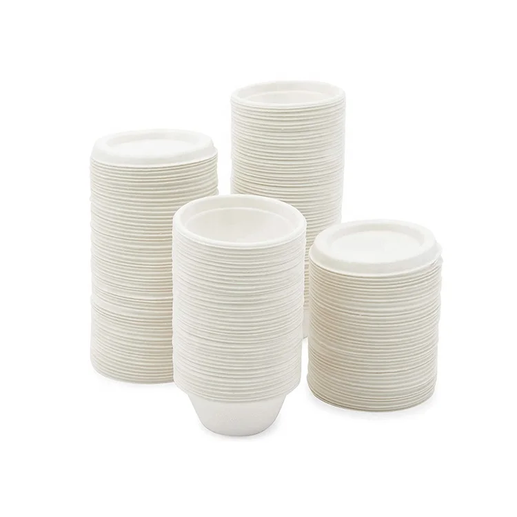 
White 2OZ Sugarcane Bagasse Sauce Biodegradable Cups with Lids 
