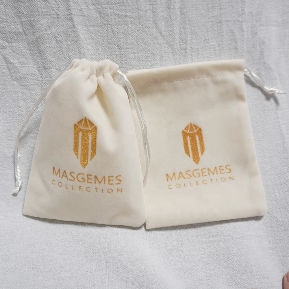 Custom  gold Logo slide White Beige Watch packaging bags Perfume Velvet Jewelry Drawstring Pouch Bag