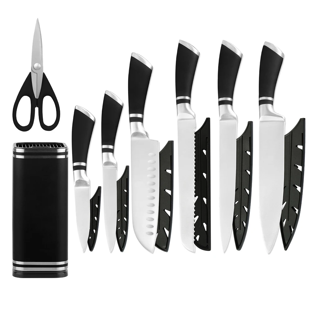 Free Shipping high quality stainless steel chef kitchen knife set holder scissors shears 6pcs kitchen knife block set