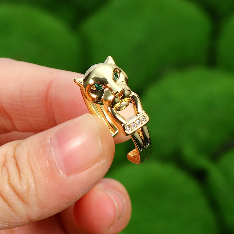 Real 18k Gold Plated Crystal CZ Animal Leopard Open Rings Adjustable Micro Pave Cubic Zirconia Cheetah Finger Ring for men