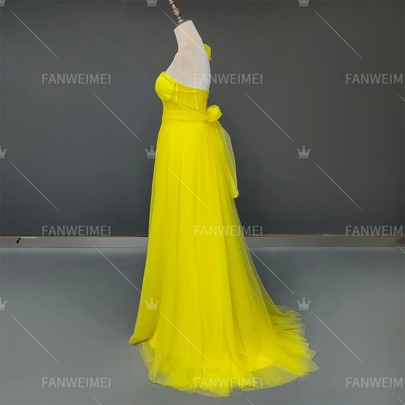 High Quality Sexy Yellow Tulle One Shoulder Evening Party Dress Sleeveless Open Back Bridesmaid Dresses for Women 2023 Vestidos