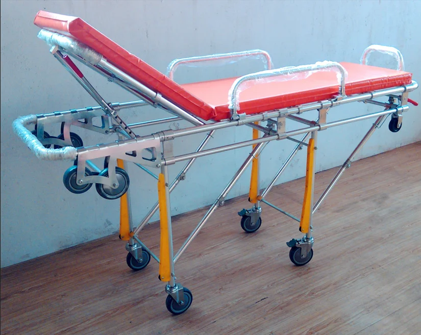 Ambulance Portable Folding Stretcher Mortuary Trolley Abs Bed Head Two Crank Manual Hospital Bed Black Metal CE Used Ambulance