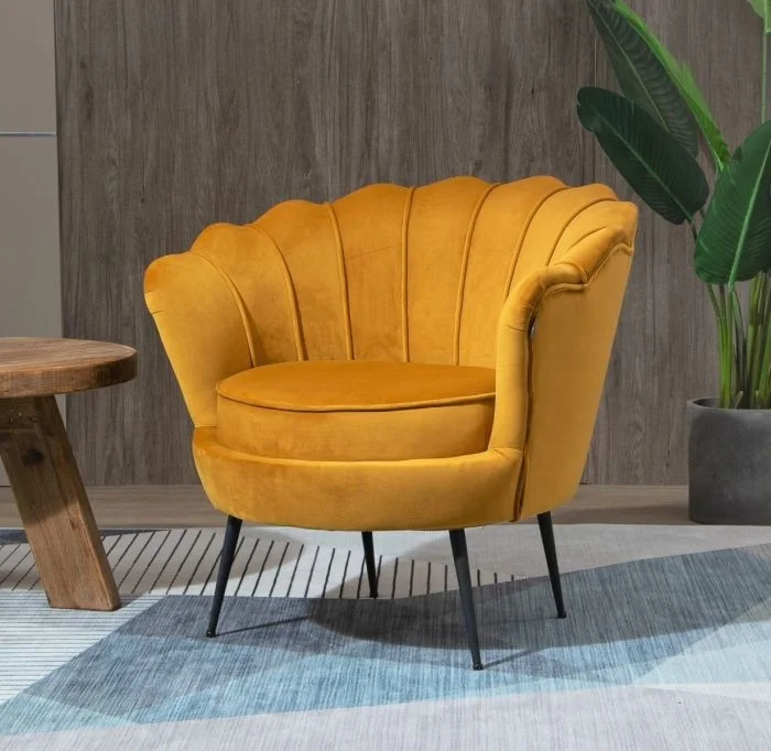 LARGE SHELL ARMCHAIR LOUNGE CHAIR ACCENT RETRO ARMCHAIRS VELVET MUSTARD YELLOW