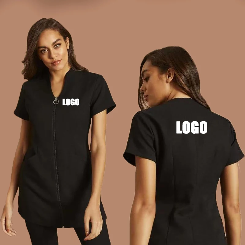 2024 New Design Customize LOGO Beauty Salon Massage Barbershop Uniform for Women V Neck Work Clothes with Zipper