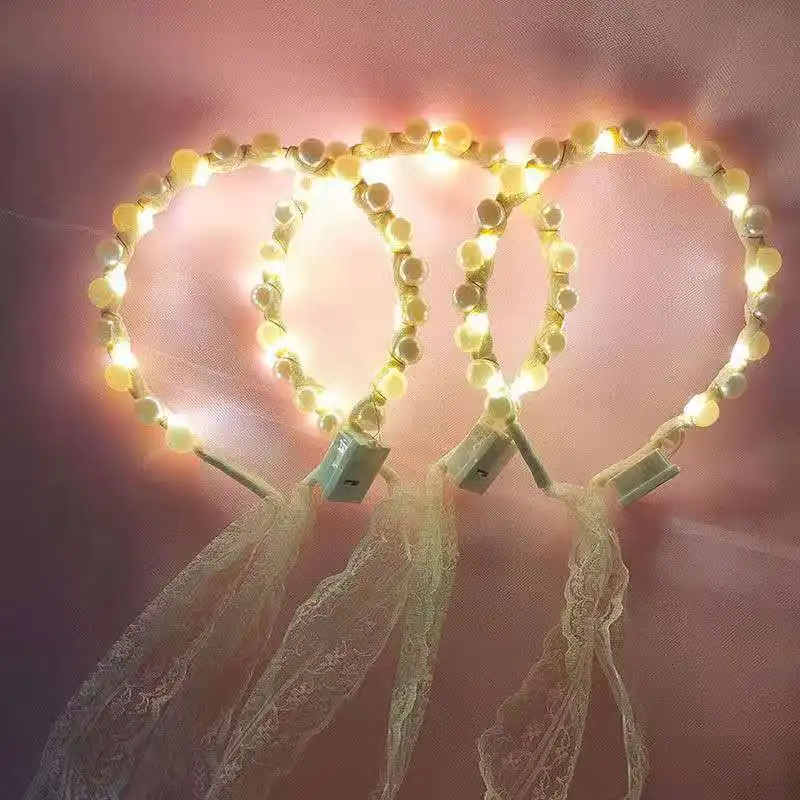 Lace Ribbon Veil Luminous Hair Bands Fairy Lights Light up Headband Female Tie Pearl Headdress Glow Wedding Party Christmas