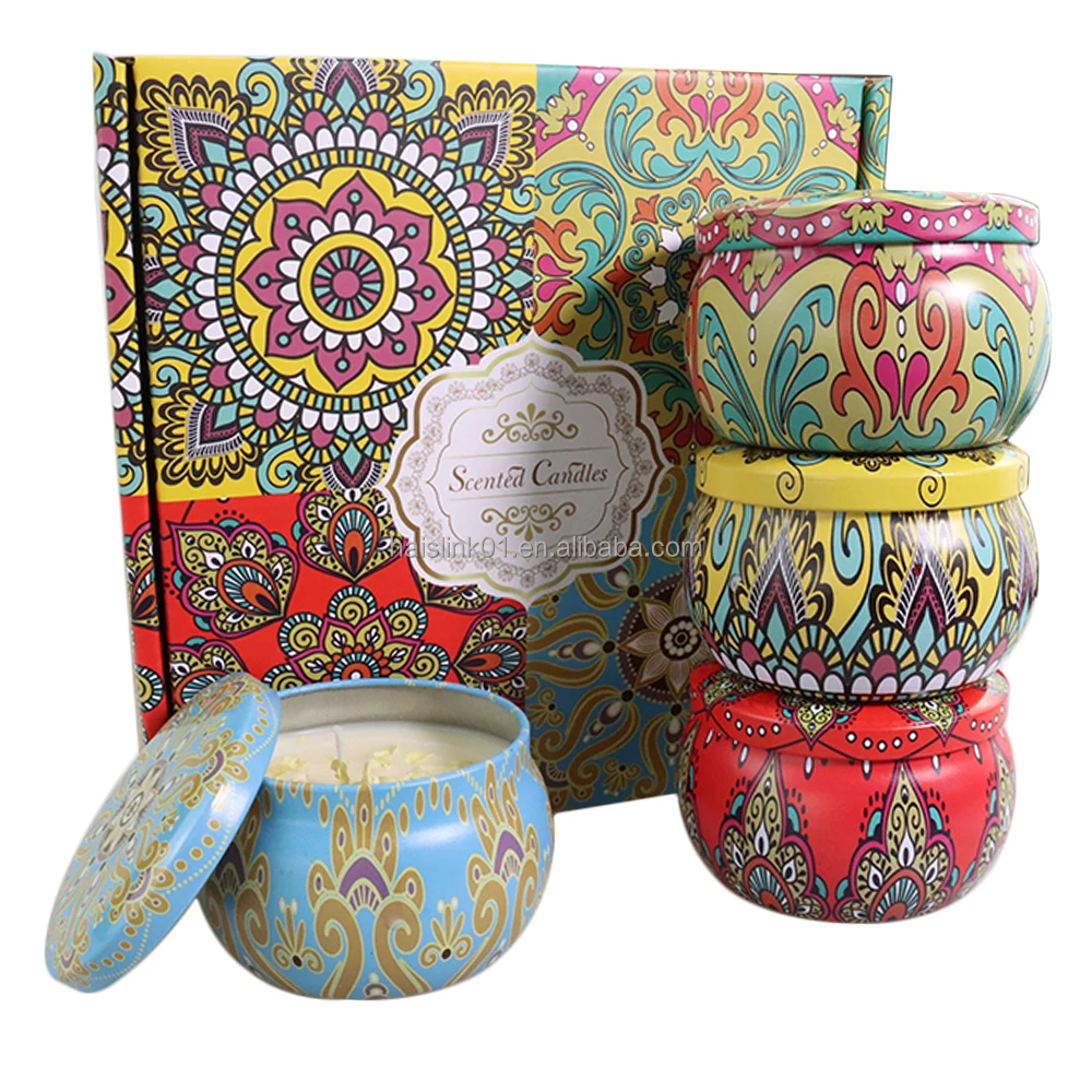 Luxury Custom 4 Pack Gift Set Dried Flowers Tin Jar Soy Wax Spring Sandalwood  Scented Candle
