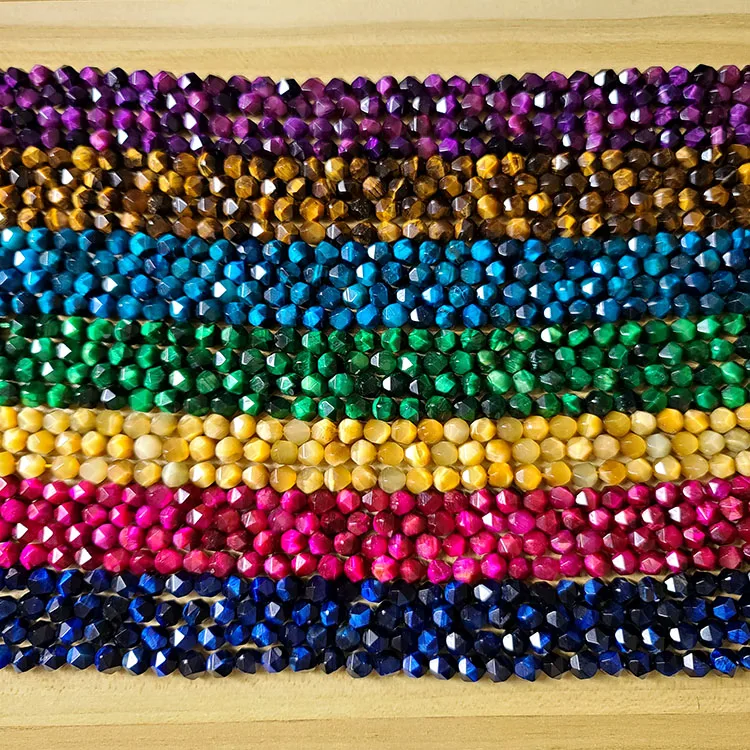 TE3040 Blue Green Fuchsia Yellow Golden Diamond Star Cut Faceted Tiger Eye Stone Beads