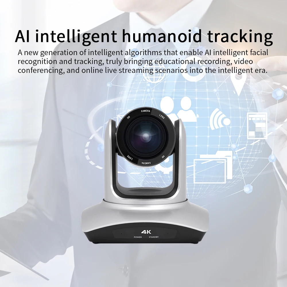 AI Tracking PTZ Camera 10X Optical Zoom USB3.0 with Gesture Recognition Video Conference Broadcast Camera for Church Events