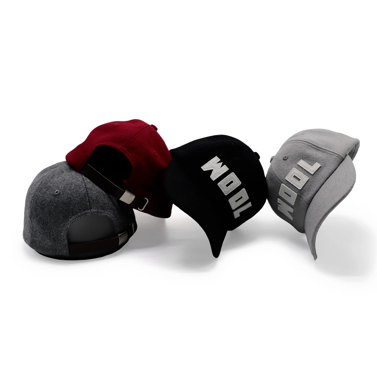 Leather Strap Metal Buckle Unstructured Winter Wool Blended Baseball Cap 6 panel Felt Applique embroidery Dad Hat