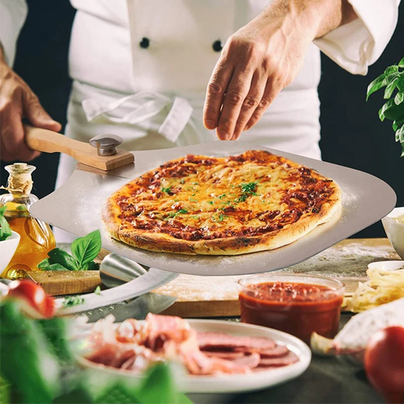 Premium Aluminum Pizza Tools Folding Oaken Handle Peel Shovel Plate with