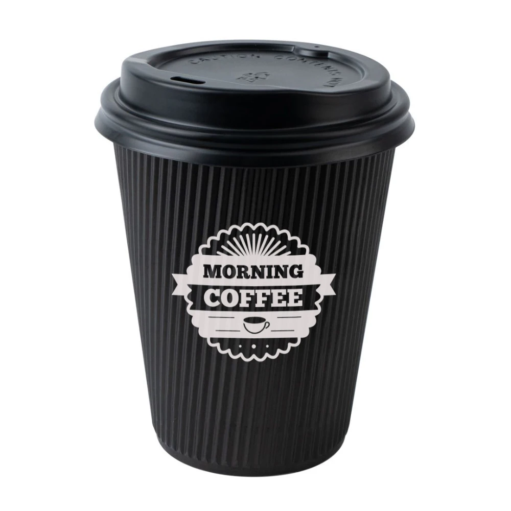 LOKYO Food grade eco friendly take away pla 8 10 12 16 20 oz disposable black ripple double wall hot coffee paper cup with lids