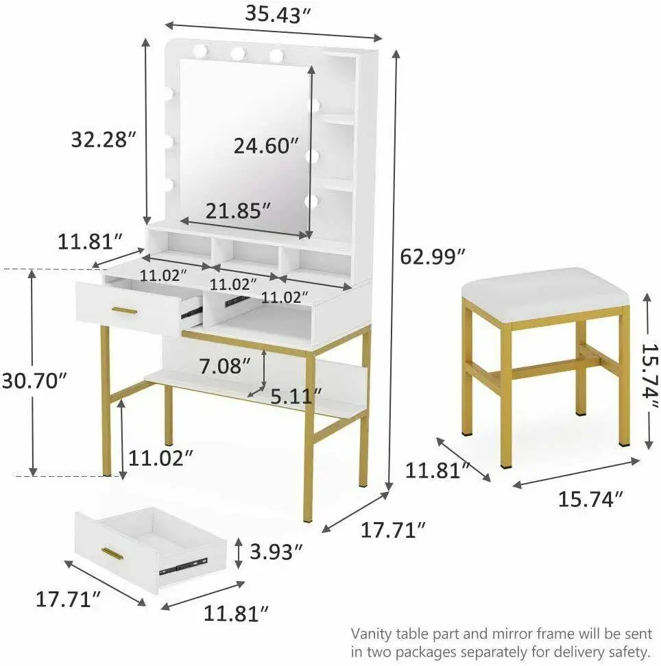White Double Drawer Multi-Compartment Space With Square Mirror and Stool Dressing Table