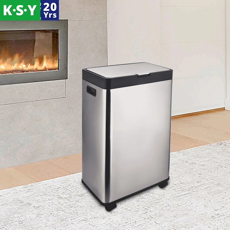 2*30 liter stainless steel recycling garbage bin rectangular pressed trash can with wheels