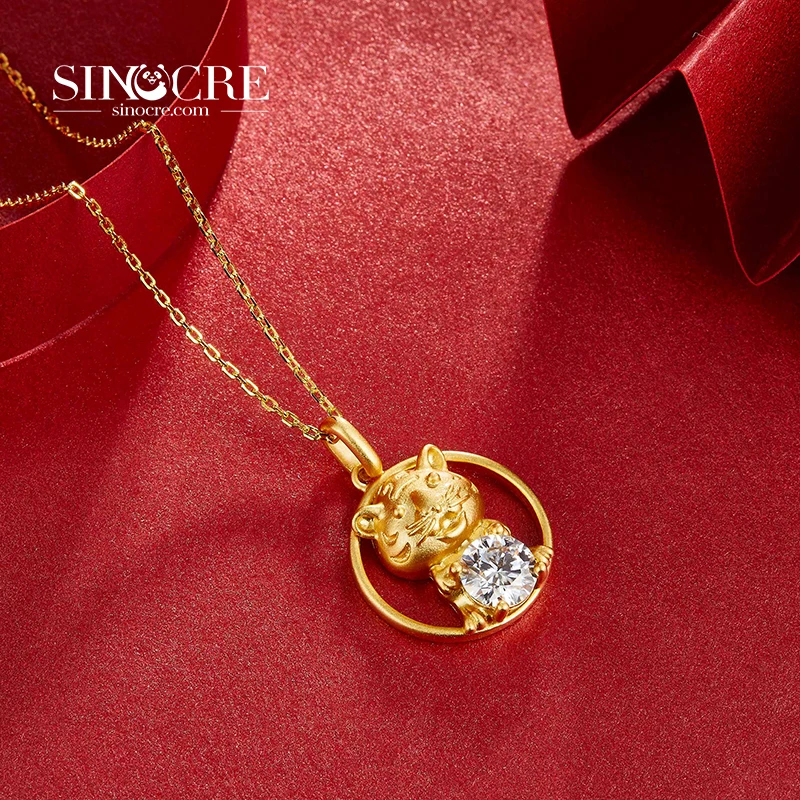 SINOCRE Latest Dog Lotus Pendant Gold TRENDY Pure Iced Out 18K Initial Necklace Twelve Zodiac Signs Animals