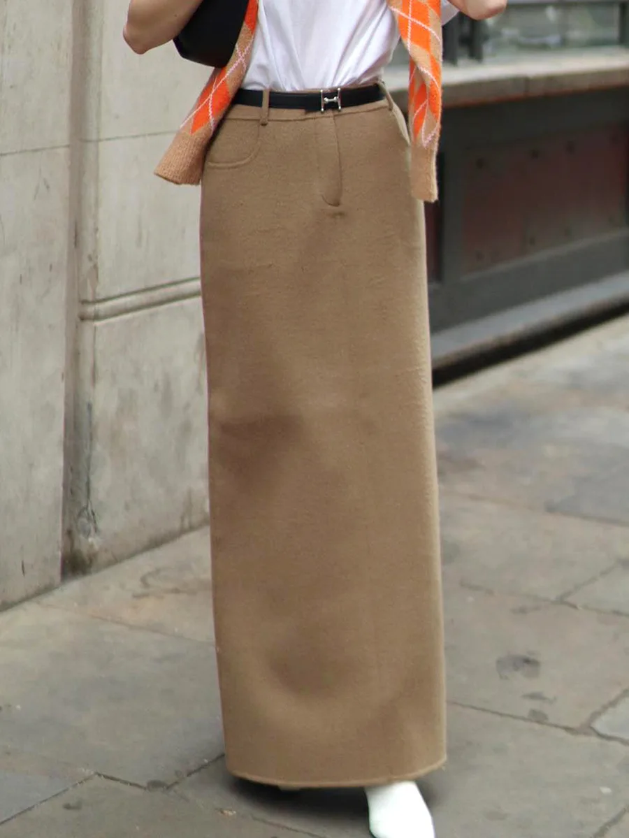 Ladies Hight Waist Long Maxi Straight Skirt Retro Brown Wool Wrap Skirts for Women Vintage Woven 2 Piece Private Label Clothing Custom Logo Printed Embroidered