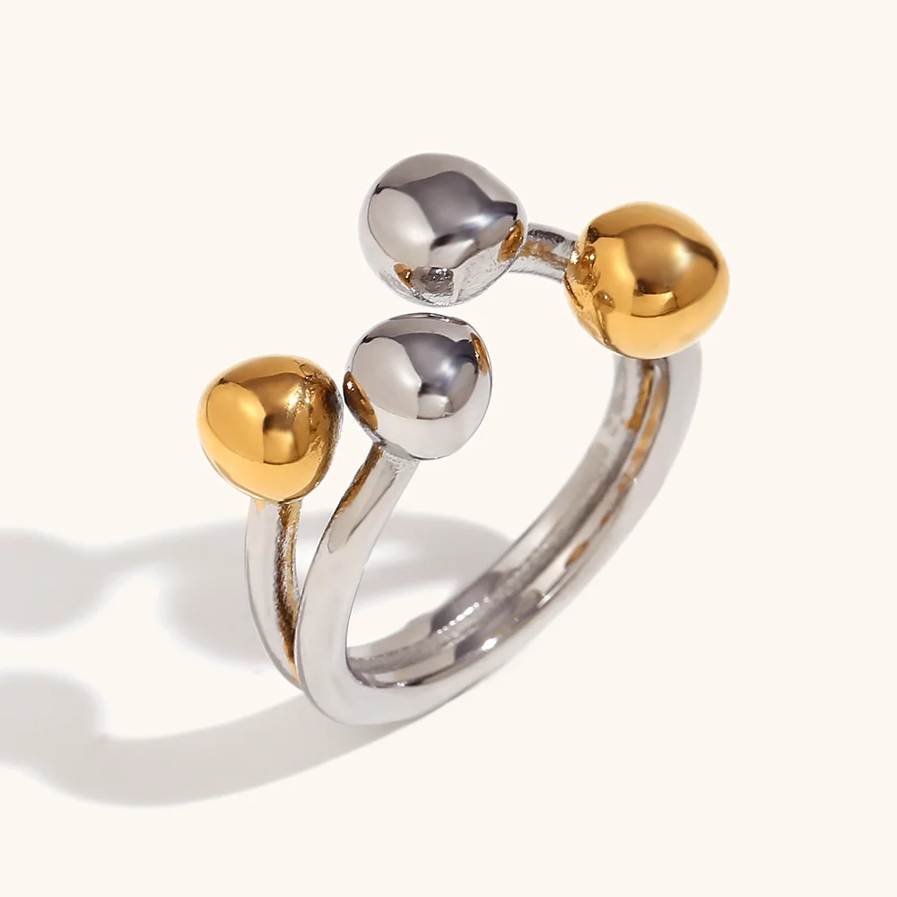18K Gold Plated Stainless Steel Trendy Personalized Two Tone Open Ball Adjustable Circular Heart Ring Jewelry