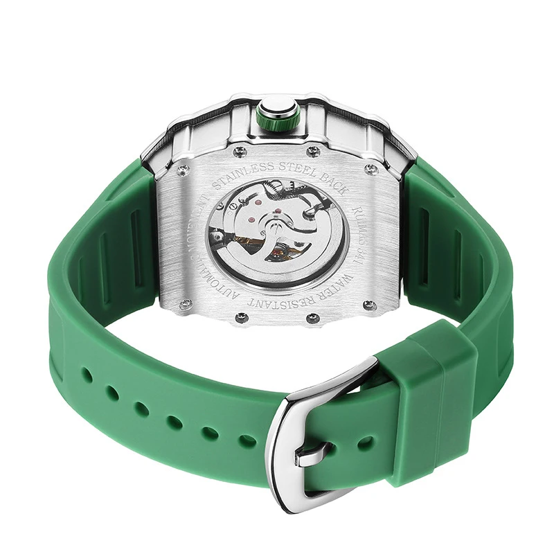 Cool Tonneau Skeleton Design Mechanical Watches For Men Silicone Band Alloy 3 ATM Waterproof Sport Watch